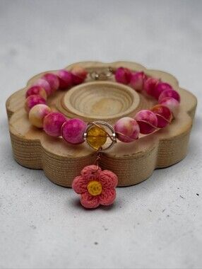Pink Beaded Tie Dye Bracelet with Flower Charm Handmade Jewelry